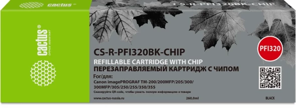 Картридж перезаправляемый струйный Cactus CS-R-PFI320BK-CHIP PFI-320BK черный (260мл) для Canon imagePROGRAF TM-200/200MFP/205/300/300MFP/305/250/255/350/355 с чипом